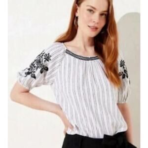 Loft Womens Top Size XL White gray Striped Puff Short Sleeve black embroidered